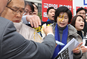 野의원들, 헌재 앞 시위 중 ‘달걀테러·허벅지 가격’ 당해