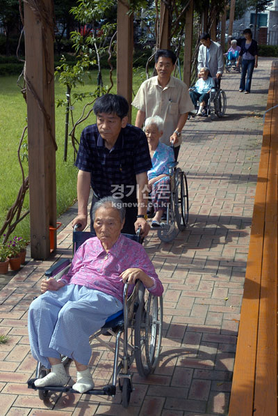 31일 수원시 영화동 노인복지시설인 감천장을 찾은 농촌진흥청 직원들이 노인들과 휠체어로 산책을 하고 있다. /조병석기자 cbs@