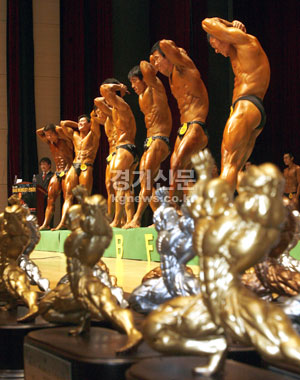 3일 장안구민회관 한누리 아트홀 열린 ‘제44회 MR.&MS. 경기선발대회’ 남자 일반부 -90Kg급에 출전한 선수들이 멋진 근육미를 뽐내고 있다. /조병석기자 cbs@