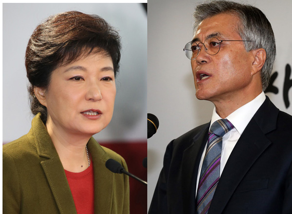 25일 18대 대통령 선거 후보 등록을 마친 새누리당 박근혜(왼쪽) 후보와 통합민주당 문재인(오른쪽) 후보가 기자회견을 가졌다.
