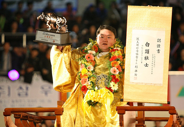 지난 1일 충남 홍성군 홍주문화체육센터에서 막을 내린 IBK기업은행 2014 설날장사씨름대회에서 백두장사(150㎏급)에 오른 장성복(양평군청)이 꽃가마 위에서 황소트로피와 상장을 들고 기념촬영을 하고 있다./대한씨름협회 제공