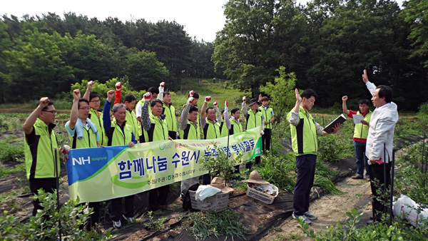 16일 수원시 장안구 하광교동의 한 블루베리 농가에서 ‘함께나눔 수원시 농촌 사랑 봉사단’ 발족식이 열리고 있다. /NH농협은행 수원시지부 제공