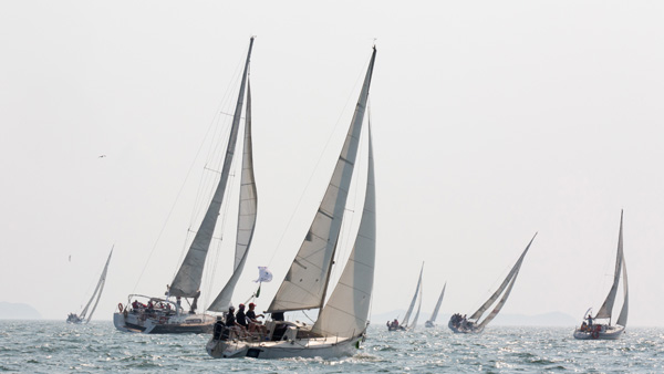 2일 화성 전곡항에서 막을 내린 2015 경기도컵 국제요트대회에서 12개국에서 참가한 51척의 요트들이 힘차게 레이스를 펼치고 있다./경기도요트협회 제공