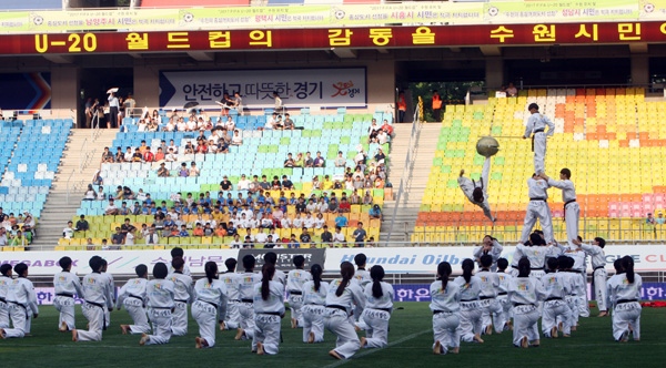 12일 수원월드컵경기장에서 열린 현대오일뱅크 K리그 클래식 2015 24라운드 수원 블루윙즈와 대전 시티즌의 경기에 앞서 2017 국제축구연맹(FIFA) 20세 이하(U-20) 월드컵 수원 유치 시민 한마당 대회의 사전행사로 수원시 태권도 시범단이 멋진 연기를 펼치고 있다./연합뉴스