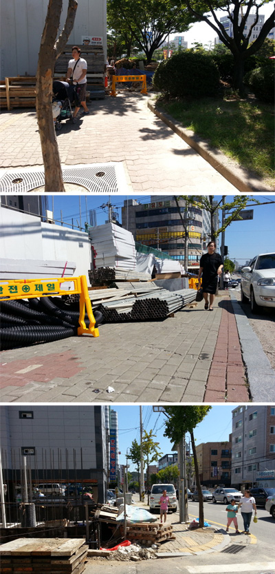  14일 오전 수원 팔달구 인계동(위쪽부터)과 권선동, 장안구 정자동 일대 빌딩이나 원룸 등 신축공사 현장 주변 보행자도로가 각종 건설자재들의 적치공간으로 전락, 시민들의 안전을 위협하고 있다./이상훈기자 lsh@