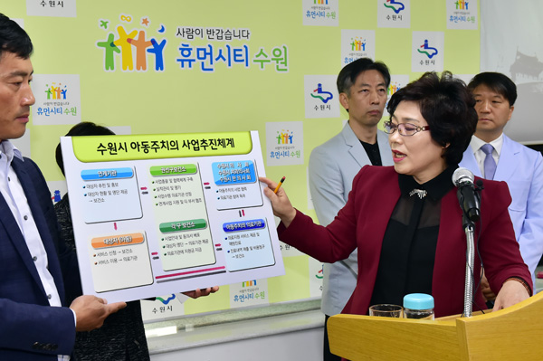 박정애 권선구 보건소장이 지난 10월 12일 열린 브리핑에서 아동 주치의 제도를 설명하고 있다.