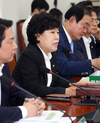 민주평화당 조배숙 대표가 11일 오전 국회에서 열린 최고위원-국회의원 연석회의에서 발언하고 있다. 이날 조 대표는 송영무 국방장관의 사과와 사퇴를 촉구했다./연합뉴스