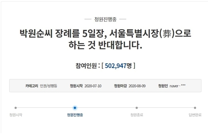 "박원순 서울특별시장(裝) 반대" 국민청원이 이틀만에 50만명을 넘었다.(사진=청와대 국민청원 홈페이지 캡쳐)