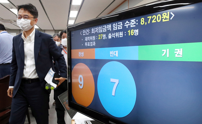 지난달 14일 제9차 최저임금위원회 전원회의 결과 찬성 9표, 반대 7표로 내년도 최저임금이 시급 기준 8720원으로 최종 의결됐다. (사진=연합뉴스)