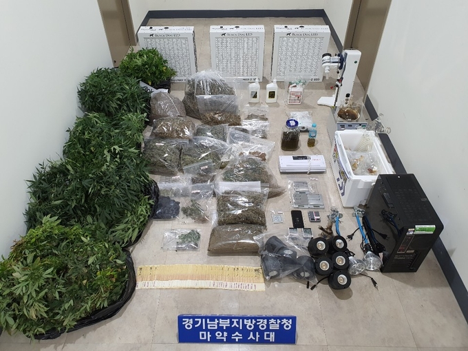 아파트 내에서 재배 중인 생대마와 건조된 대마(7kg) 액상 대마(1.6ℓ) 그리고 대마 판매대금(현금 1070만 원) 압수한 사진. (사진=경기남부지방경찰청 제공)