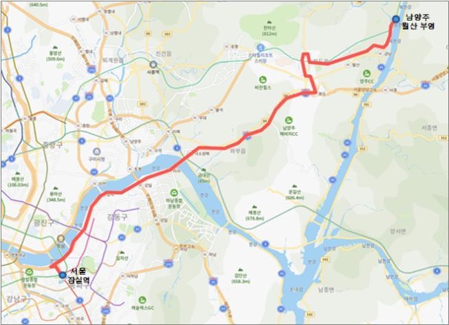 '남양주 월산지구~잠실역'을 잇는 M2341번 버스 노선도. (사진=국토교통부 제공) 