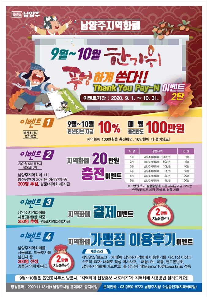 남양주시는 9월 1일부터 10월 31일까지 2개월에 걸쳐 총 2,400만원에 달하는‘「9월~10월 한가위 풍성하게 쏜다」 경품 이벤트’를 실시한다./남양주시 제공