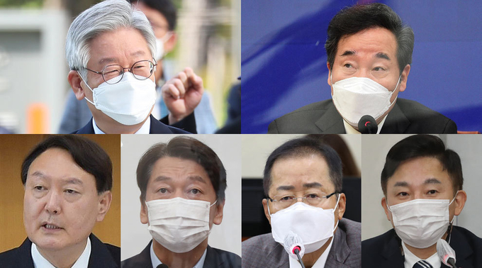 (왼쪽 상단부터 시계방향으로) 이재명 경기도지사, 이낙연 더불어민주당 대표, 원희룡 제주지사, 홍준표 의원, 안철수 국민의당 대표, 윤석열 검찰총장 (사진=연합뉴스 제공/자료사진)
