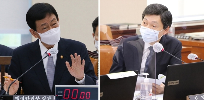 7일 국회에서 열린 행정안전부 국정감사에서 진영 장관(좌측)이 더불어민주당 김민철 의원(우측)이 질의한 경기북도 신설에 대한 입장을 밝히고 있다. (사진=연합뉴스, 김민철 의원실 제공)