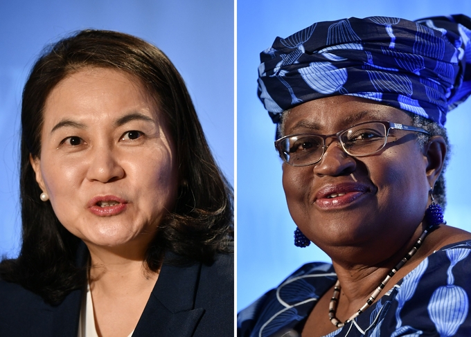  세계무역기구(WTO) 사무총장 선거에서 최종 결선에 진출한 것으로 알려진 유명희 한국 산업통상자원부 통상교섭본부장과 응고지 오콘조-이웰라 전 나이지리아 전 재무ㆍ외무장관이 지난 7월 15~16일 스위스 제네바에서 각각 출마 기자회견을 할 당시의 모습. (사진=연합뉴스 제공)