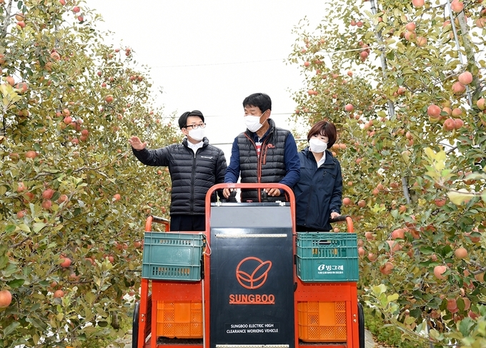 최종환 파주시장이 사과농장을 둘러보고 있다. (사진=파주시 제공)