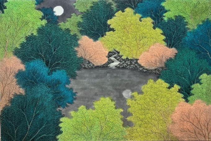 김민주, 사유의 숲, 2020, 장지에 먹과 채색, 64x96cm