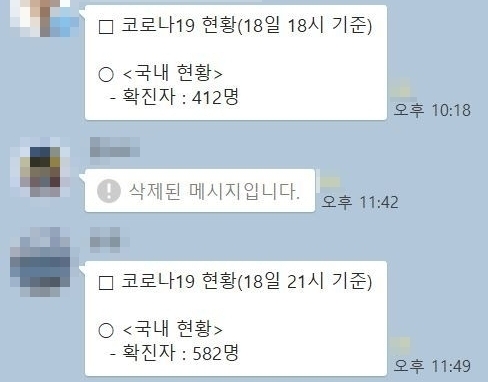 18일 0시 기준으로 코로나19 확진자가 300명을 넘어서는 등 확산세가 증가하자, 이날 저녁부터 SNS나 메신저 등 온라인을 통해 코로나19가 400명 또는 500명을 넘어섰다는 '가짜뉴스'가 유포되기 시작했다. (사진=카카오톡 메시지 화면 캡처) 