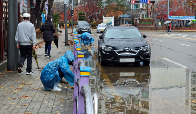 19일 오전 안산시 상록구 성포동의 한 아파트 단지 주변 도로가에서 안산시청 관계자가 배수로에 쌓인 낙엽을 청소하고 있다. (사진=신연경 기자)