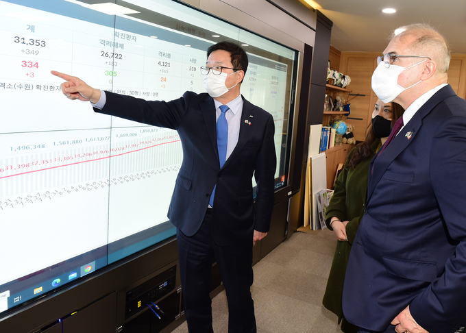 염태영 시장이 집무실에서 르포르 대사에게 코로나19 현황을 설명하고 있다. (사진=수원시 제공)