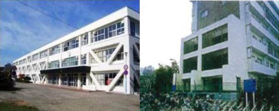 왼쪽 사진은 외부보강 단순부착형(일본 오토우케쵸 입목야동 초등학교), 오른쪽 사진은 외부보강 증축형(일본 스키나 맨션). (사진=경기도교육청 제공)