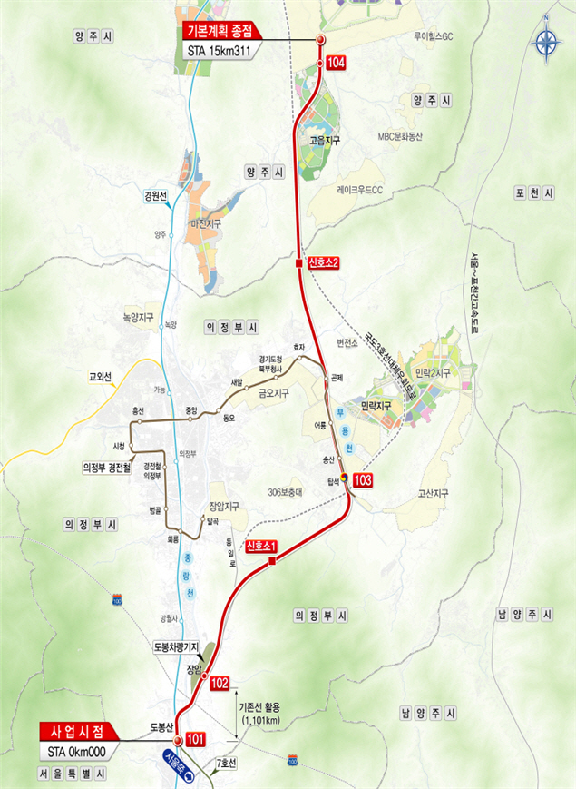지하철 7호선(도봉산~옥정 광역철도) 노선도.