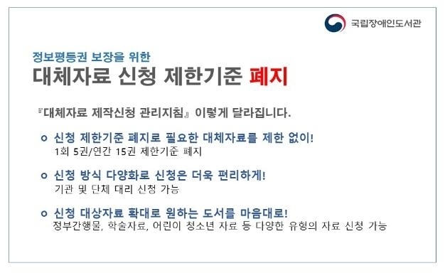 국립장애인도서관이 11일부터 장애인의 디지털 정보격차 해소 및 정보접근권 확대를 위해 ‘대체자료 제작신청 관리지침’을 개정해 시행한다. (사진=국립장애인도서관 제공)
