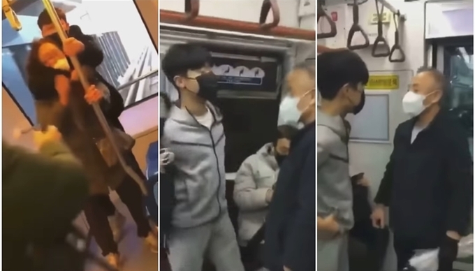 중학생으로 추정되는 학생들이 의정부경전철, 지하철 등에서 노인을 폭행하고 욕설하는 모습. (사진=독자 제공 영상 갈무리)