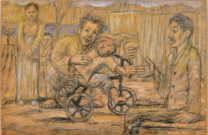 이중섭 作 '시인 구상의 가족'/1955/종이에 연필/유채/32×29.5cm/개인 소장. (사진=국립현대미술관 제공)