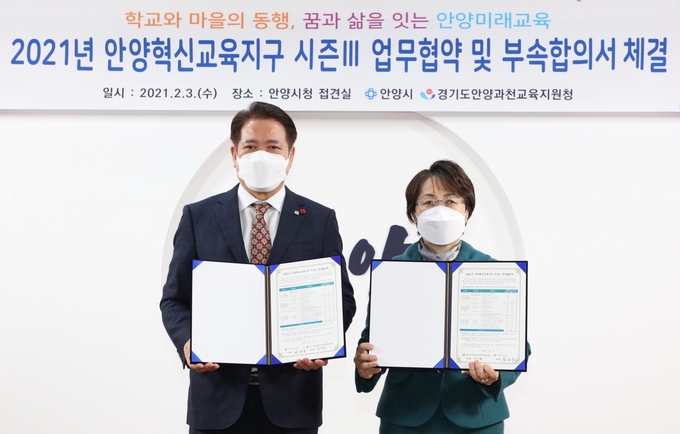 최대호 안양시장과 전성화 안양과천교육지원청이 안양교육혁신지구 시즌Ⅲ 추진에 상호협력할 것을 다짐하는 mou를 체결했다.