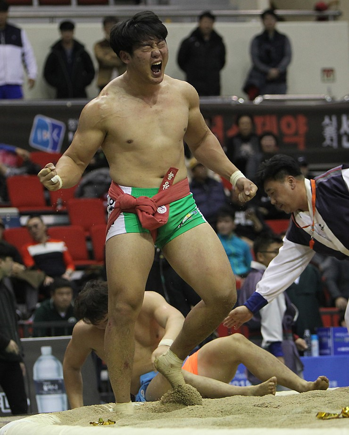 지난 13일 경상남도 합천군 합천체육관에서 열린 2021 위더스제약 설날장사씨름대회 한라장사(105kg급) 결정전에서 영암군민속씨름단 오창록이 용인백옥쌀씨름단 우형원에게 3-1로 승리하며 꽃가마에 올랐다. 사진은 2018년 11월 23일 한라장사 결정전에서 승리 후 기뻐하는 오창록 모습 (사진=대한씨름협회 제공)