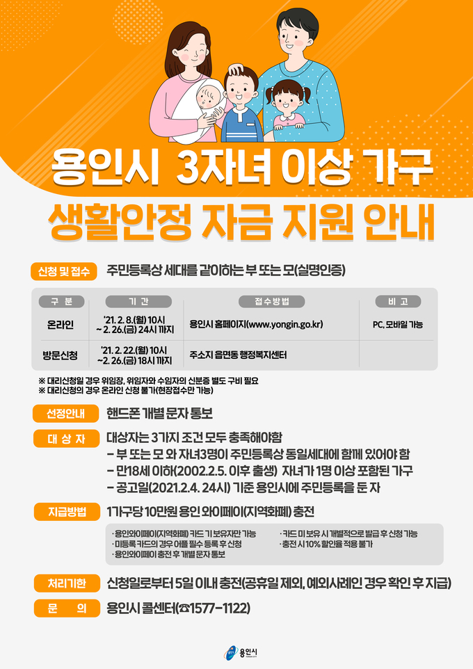 3자녀 이상 생활안정자금 안내 포스터 (사진=용인시 제공)