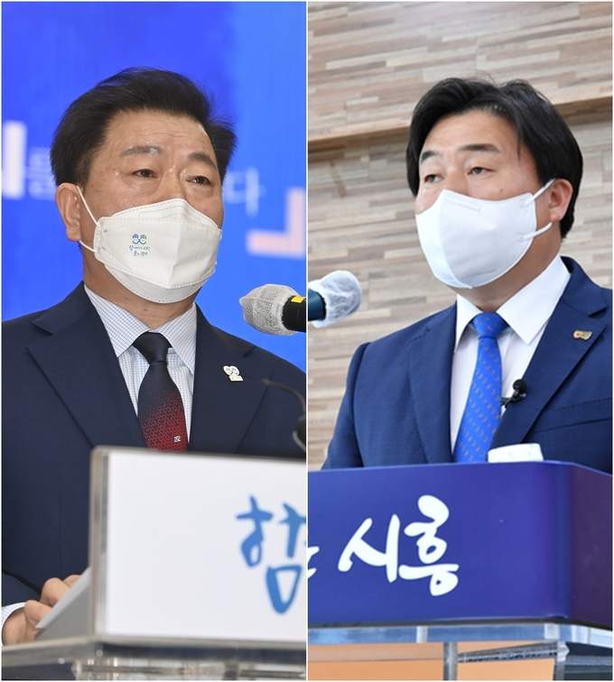 박승원 광명시장(사진 왼쪽부터), 임병택 시흥시장이 10일 각 시청 브리핑룸에서 3기 신도시 광명·시흥지구 토지 취득 전수조사 결과를 발표하고 있다. 한국토지주택공사(LH) 직원들의 광명·시흥 신도시 개발 예정지 투기성 토지거래 의혹과 관련 광명시와 시흥시 공무원 14명이 개발 예정지 내 토지를 취득한 것으로 확인됐다.(사진=김원규, 황준선 기자)<br>

