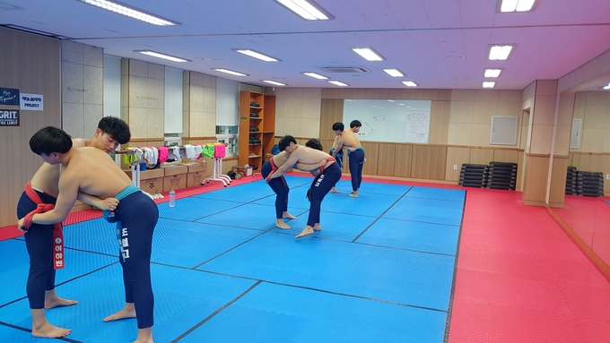 초월고등학교 씨름부 선수들이 훈련하는 모습 (사진=김도균 수습기자)