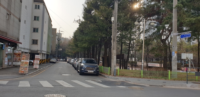 사우동 빌라단지 앞 공원과 맞닿아 있는 이면도로에 불법주차된 차량이 즐비하게 서있다.(사진=천용남기자)