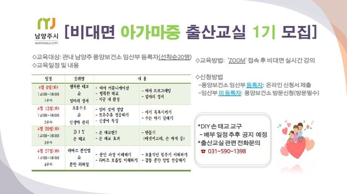 남양주풍양보건소는 오는 4월부터 관내 출산 가정을 대상으로 임신·출산·육아 관련 정보를 제공하는 비대면 ‘아가마중’ 출산교실을 운영한다.(사진=남양주시 제공)