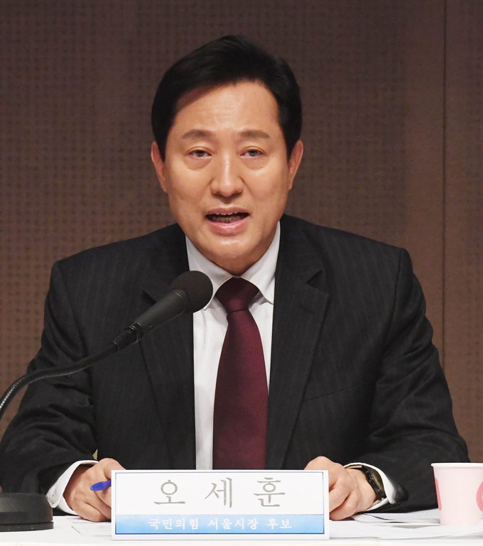  31일 오전 한국프레스센터에서 열린 서울시장 후보 초청 관훈토론회에서 국민의힘 오세훈 후보가 기조연설을 하고 있다. (사진=연합뉴스 제공)