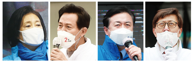 왼쪽부터 박영선(더민주)·오세훈(국민의힘) 서울시장 후보, 김영춘(더민주)·박형준(국민의힘) 부산시장 후보. (사진 = 연합뉴스)