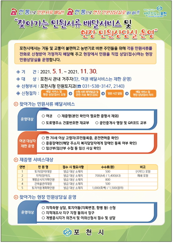 민원서류 배달 서비스와 현장 민원상담실 운영 안내 포스터 (사진=포천시 제공)