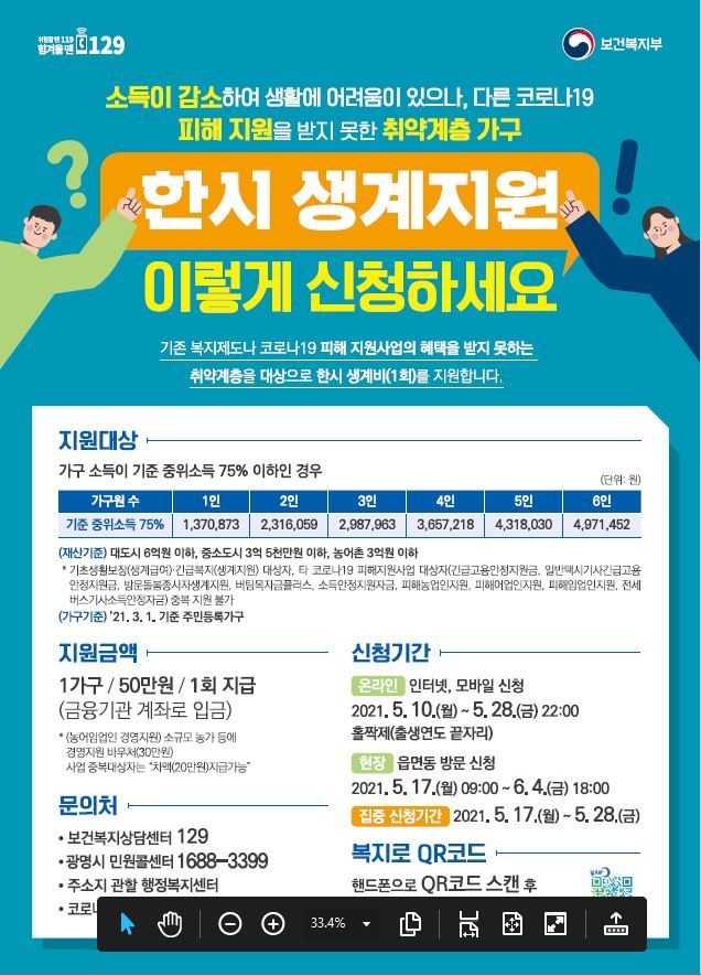 광명시 정부의 지원금을 받지 못해 어려움을 겪는 '위기 가구'를 대상으로 한시 생계비를 지원한다(사진=광명시 제공)
