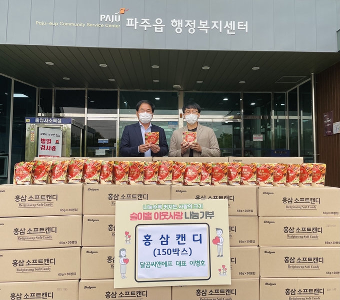 달곰씨앤에프 과자류제조업체가 파주읍에 홍삼캔디 150박스를 기부하고 있다. (사진=파주시 제공)