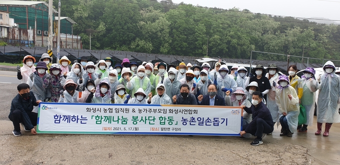 농협 화성시지부 봉사단과 농가주부모임 회원 및 임직원들이 17일 팔탄면 구장리 인삼재배 농가와 서신면 포도 농가를 찾아 일손돕기를 실시했다. (사진=농협 화성시지부 제공)