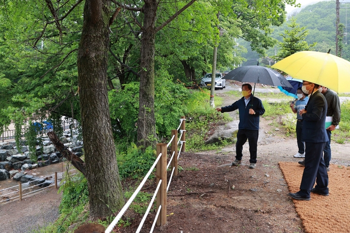 조광한 시장이 관계자들과 청학천 주변을 살피고 있다.(사진=남양주시 제공)