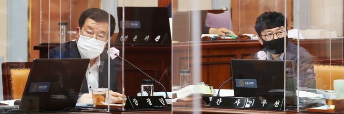 장경민 의원(사진 왼쪽)과 이우천 의원(오른쪽)이 행정사무감사에서 질의를 하고 있다. (사진=군포시의회 제공)