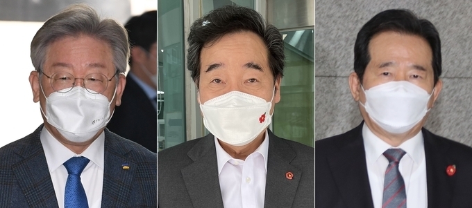 이재명 경기도지사(왼쪽), 이낙연 전 민주당 대표(가운데), 정세균 전 국무총리. (사진=연합뉴스)