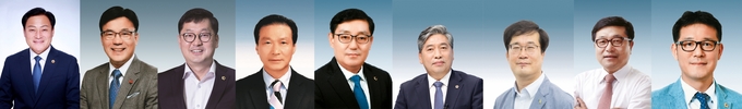 경기도의회 장현국 의장(왼쪽부터)을 비롯해 최만식·황수영·김명원·박재만·송한준·김현삼·박관열·조재훈 의원 등 도내 시장 출마설이 돌고 경기도의원들(사진=경기도의회 제공)