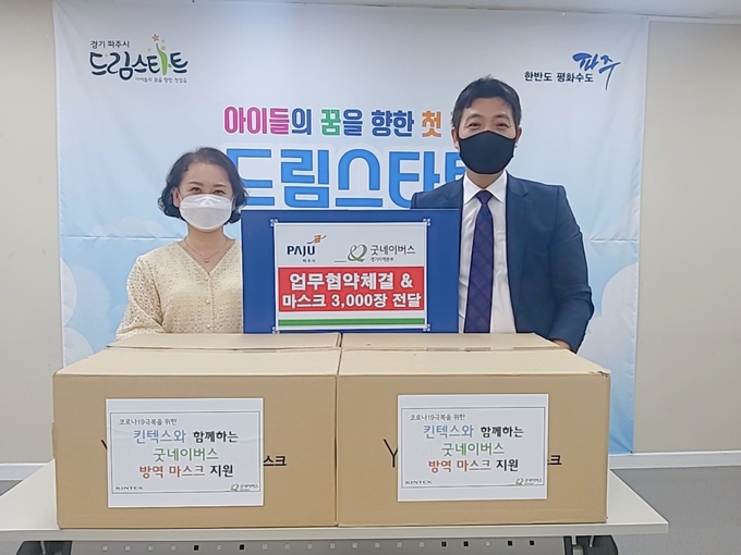 굿네이버스 경기지역본부가 파주시 트림스타트와 업무협약을 체결하고 마스크를 기증하고 있다, (사진=파주시 제공)