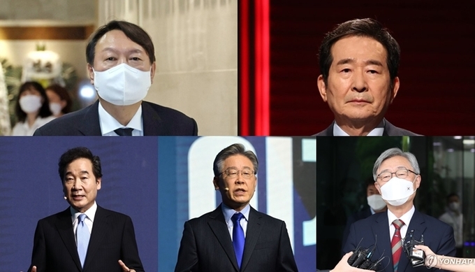 윤석열 전 검찰총장, 정세균 전 총리, 최재형 전 감사원장, 이재명 경기도지사, 이낙연 전 더불어민주당 대표 (왼쪽 첫째줄부터 시계방향, 사진= 연합뉴스 제공)