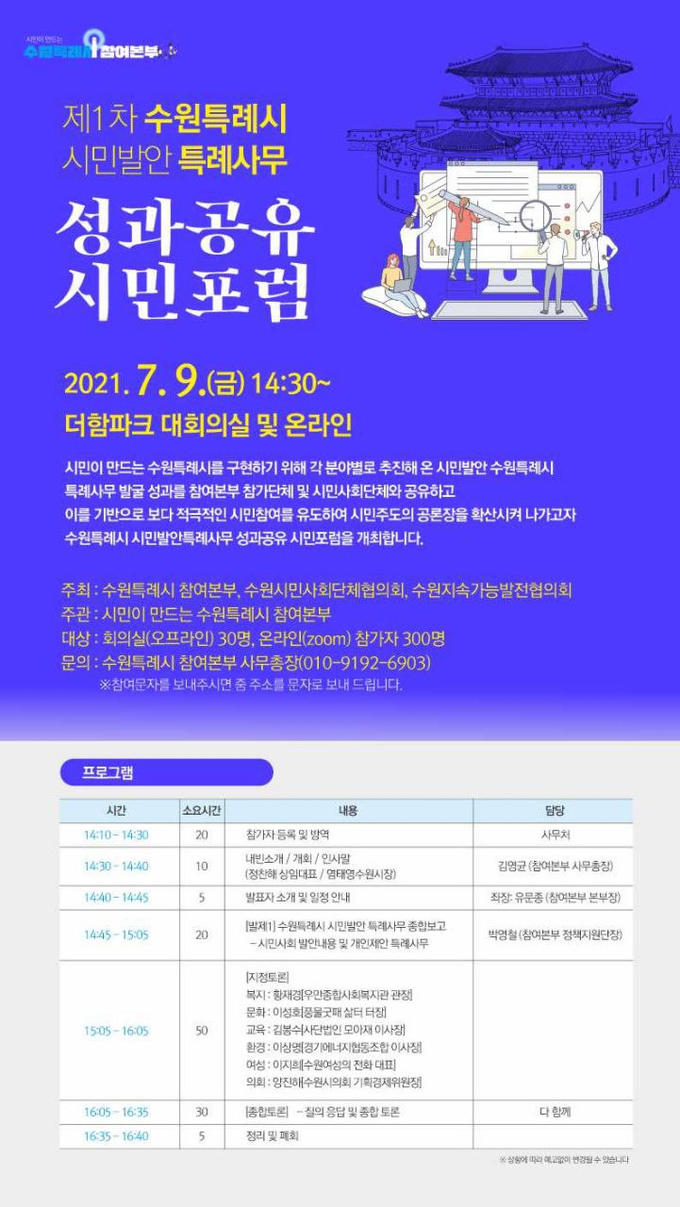 수원특례시 시민발안 특례사무 성과공유 시민포럼 포스터. (사진=시민이 참여하는 수원특례시 참여본부 제공)