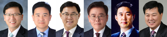 왼쪽부터 유영록 전 김포시장, 김인수 김포시의회 부의장, 김종혁 전 시의회 의원, 홍원길 시의회 의원, 김동식 전 김포시장, 유영근 전 김포시의회 의장. (사진=경기신문 DB)